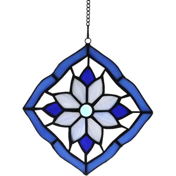Stained Glass Windows Hanging Suncatchers Flower Blue, 6" x 6" - Picture 2 of 8